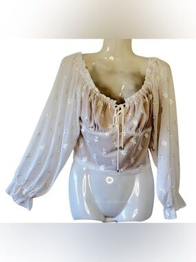 Fairy Baby Doll Crop Top Sheer Balloon Sleeve Ruffled Y2K Daisy Embroidery  S
